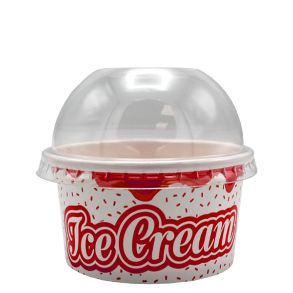 Stackable, food-safe ice cream tub with a vibrant red and white design, featuring a clear dome lid perfectly sealing the delightful treats inside, available in multiple scoop sizes for convenient and stylish take-away experiences.