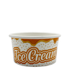 A stackable, colorful ice cream tub with secure fitting lid, perfect for serving a variety of frozen desserts, featuring a playful and vibrant ice cream text design on food-safe wax paper.