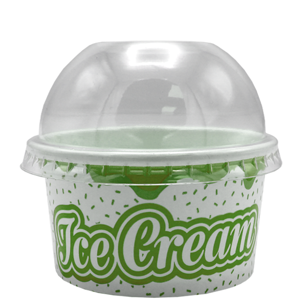 Stackable ice cream tub with a vibrant design, showcasing 'Ice Cream' text, safe for direct food contact, complete with snug-fitting transparent lid, perfect for serving and storing various ice cream portions from single to multiple scoops.