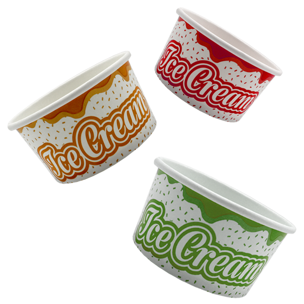 Set of three colourful ice cream tubs with vibrant, drip-effect designs in caramel, cherry, and pistachio themes, showcasing safe for direct food contact, stackable for easy storage, and lids made to fit, perfect for serving various frozen desserts.